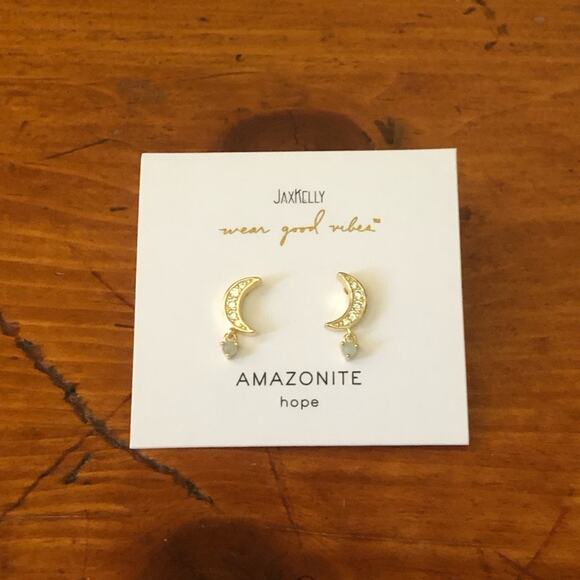 JAXKELLY NIP Amazonite Stone White CZ Moon Drop Sterling Silver Posts Earrings - Picture 3 of 9